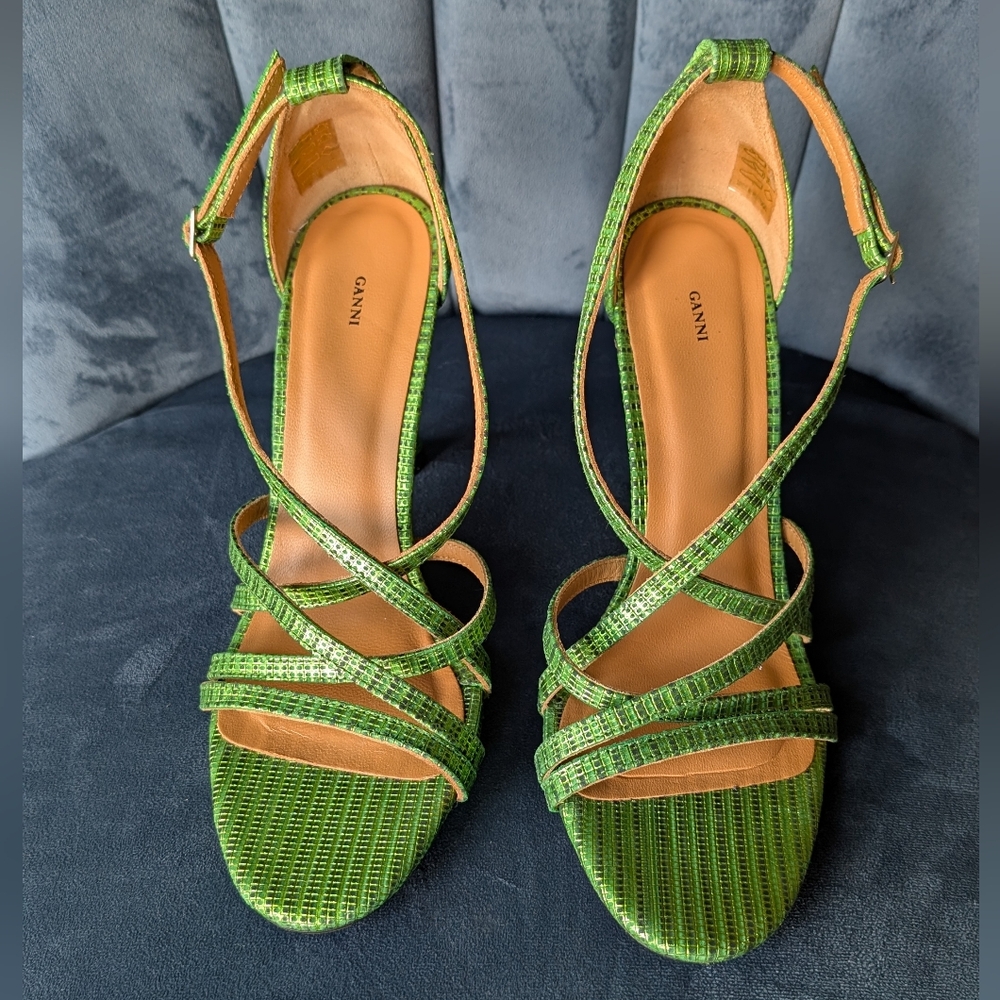 NWT Ganni Wilma Leather Green Strappy High Heel Sandals Size 40